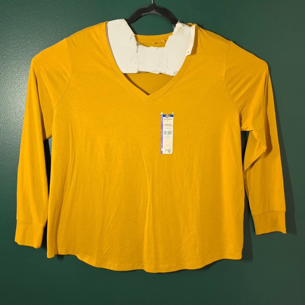 Terra & Sky Womens 1X Yellow Cotton V-Neck Long Sleeve Core Tee FTS32100029210